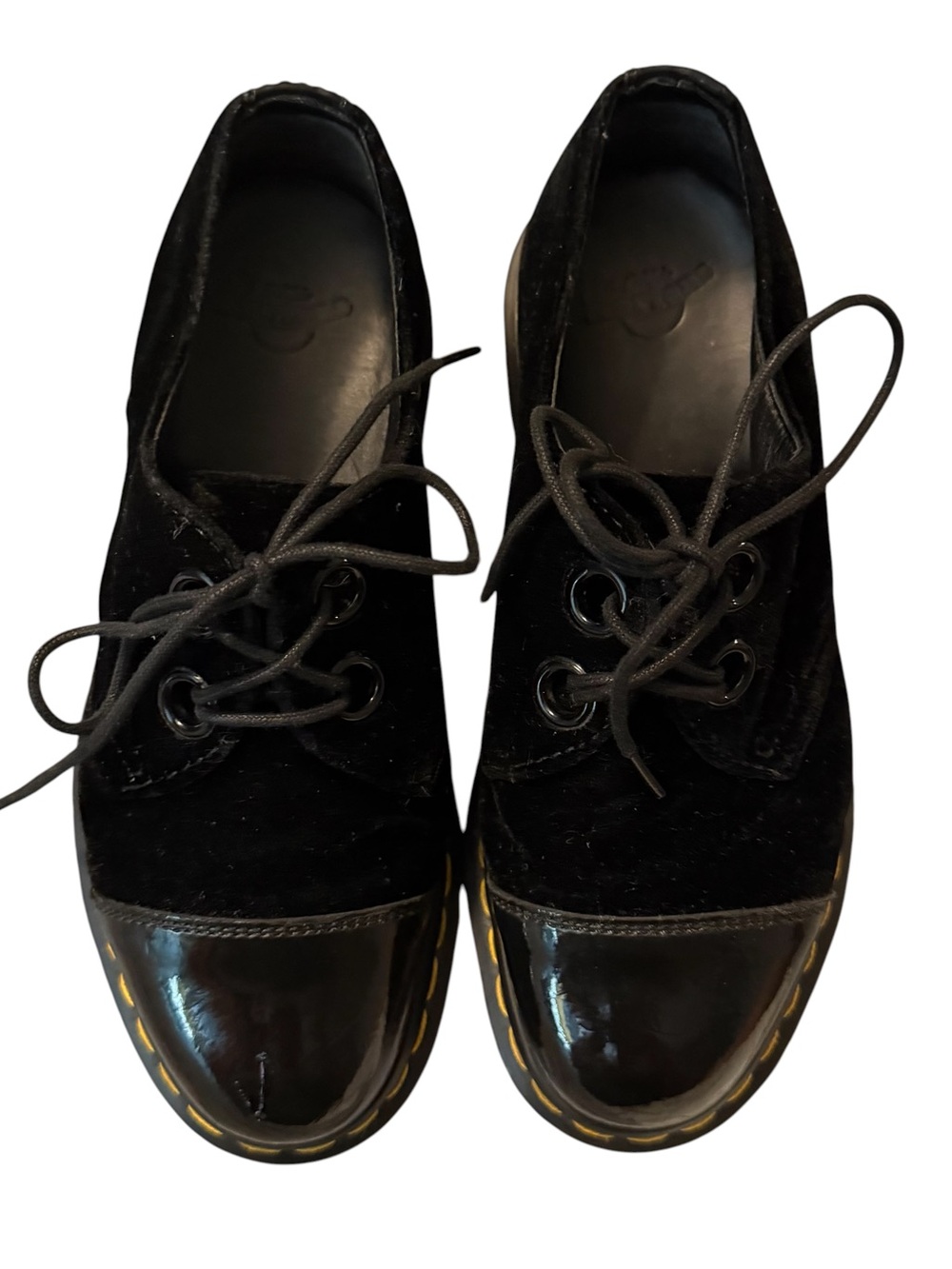 Dr Martens ~ Black Velvet Shoes ~ Velvet w/ Patent Leather Toes & Heel Strip - Picture 3 of 9